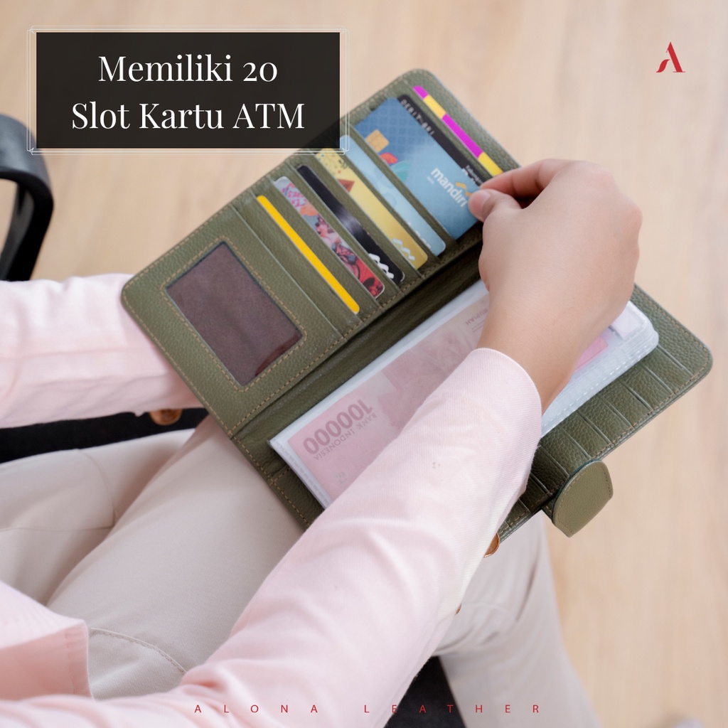 Dompet Panjang Kulit Sapi Asli Fashion Wanita Kekinian Rancangan Tabungan Bulananan PLANNER WALLET Muat Uang Tunai dan 20 Slot Kartu ATM