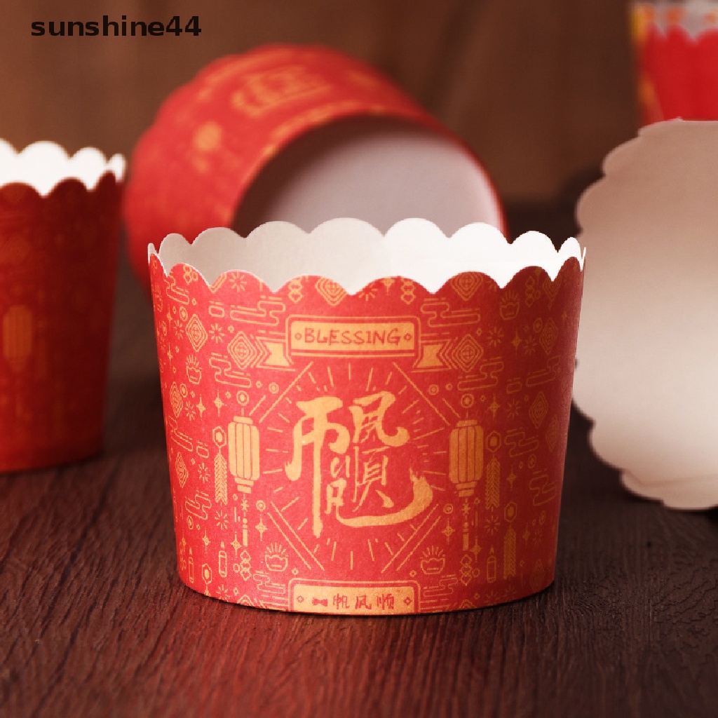 Sunshine 50Pcs Dekorasi Kue Imlek Pernikahan Ulang Tahun Spring Festival Pastry Cupcake Packaging Red Paper Cup.