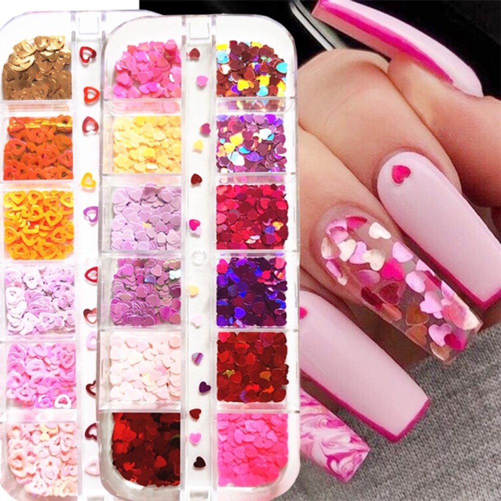 12kisi/kotak Laser Cinta Hati Kupu-Kupu Kuku Payet Warna Campur Kilau Kuku Glitter Serpihan 3D Nail Art Dekorasi Aksesoris