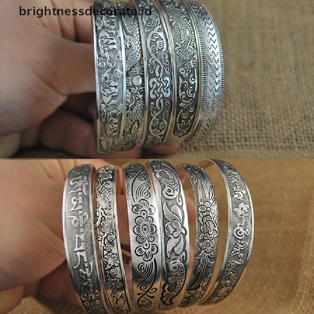 [Birth] Retro Pembukaan Gelang Perhiasan Vintage Tibet Perak Totem Ukir Bangle Cuff [ID]