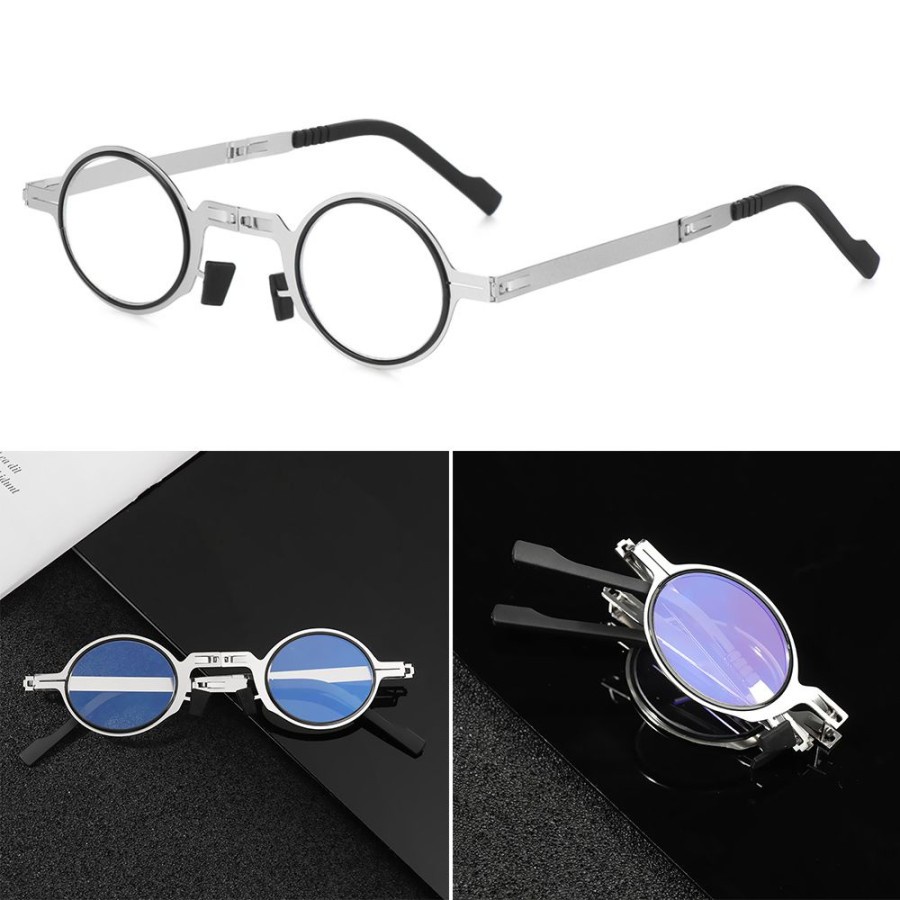 Kacamata Baca Plus AutoFokus Frame Titanium Lipat Model Bulat AntiRadiasi Unisex Pria Wanita Unik