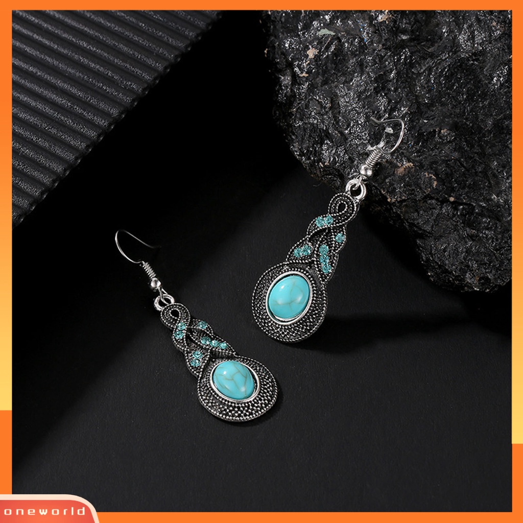 [oneworld] 1set Wanita Kalung Anting Faux Turquoise Vintage Jewelry Set Perhiasan Berkilau Electroplating Untuk Pesta