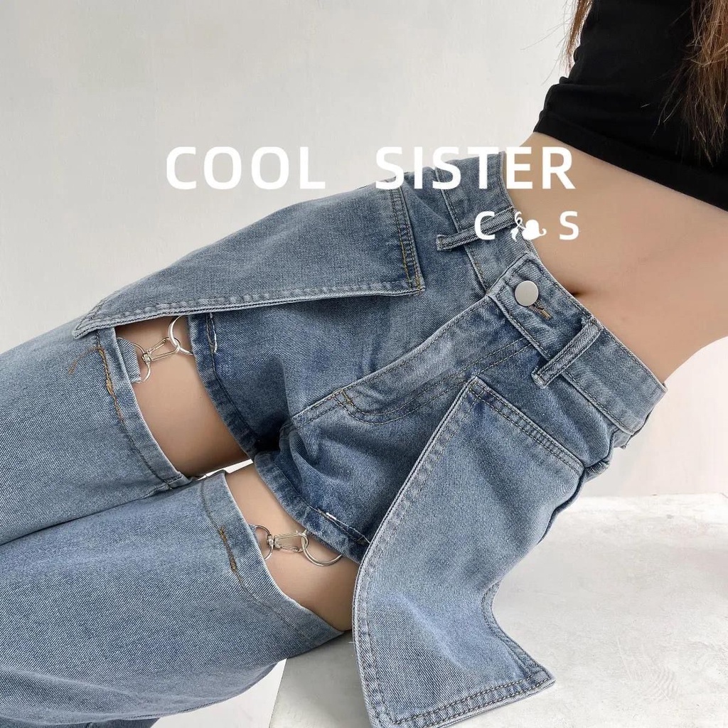 ☬♣▧High Street Hot Girl Gaya Eropa dan Amerika Dua Memakai Pinggang Tinggi Lurus Longgar Celana Jeans Wanita Musim Panas Dapat Dilepas Memakai slim Celana Tide