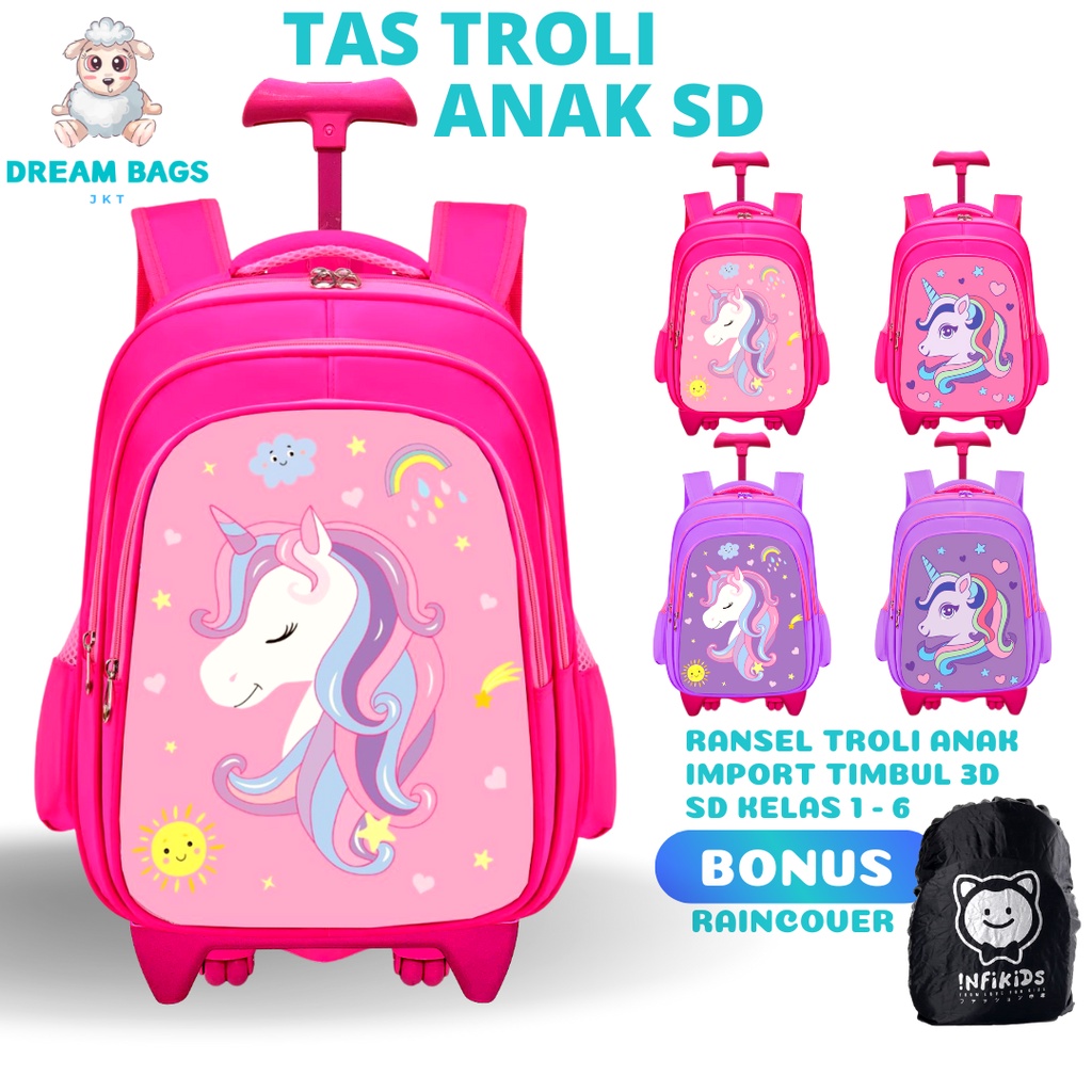 Dream Bags Tas Troli Anak Sekolah Perempuan SD Import Premium Karakter Unicorn terbaru 2023 - Tas Dorong Anak Perempuan