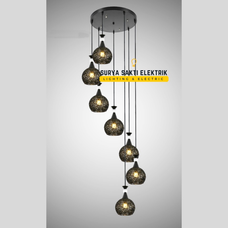 LAMPU GANTUNG MODERN MINIMALIS BULAT HITAM CABANG 7 HIAS VOID TANGGA