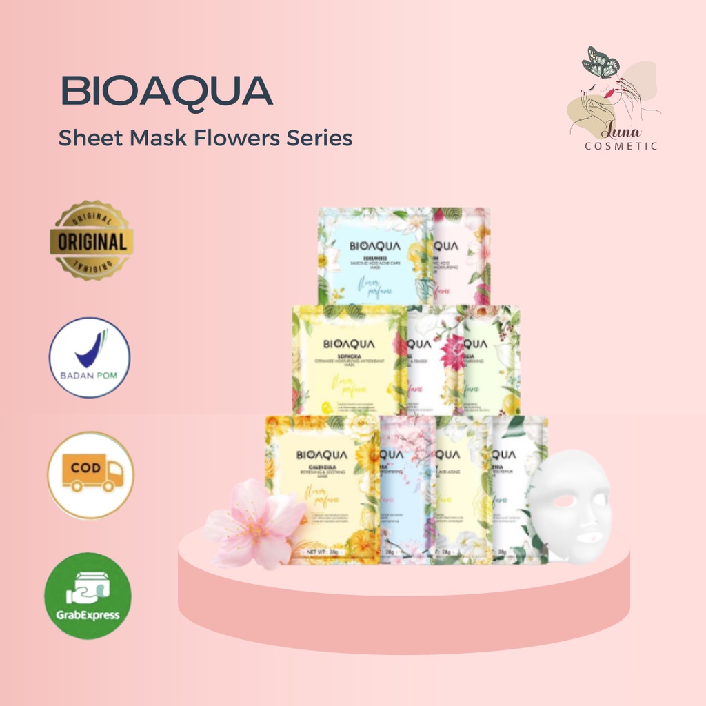 BIOAQUA Sheet Mask Masker Wajah Flowers Series | Hydrating Essence Face Mask Brightening dan Anti Acne (28g/pcs)