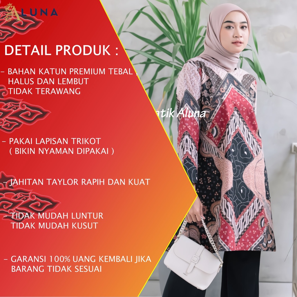 Baju Batik Wanita Tunik Lengan Panjang Katun Lapis Trikot Premium Modern Original Batik Kerja Kantor Kondangan Size M L XL XXL