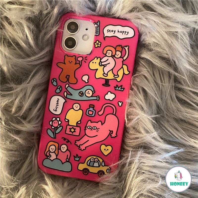 IPHONE Casing Ponsel Kucing Graffiti Korea Rose Red Untuk Iphone14 13 12 11 Pro Max X XR 8 7 Plus Halus Ultra Slim Shockproof Soft TPU Backjavascript: Cover