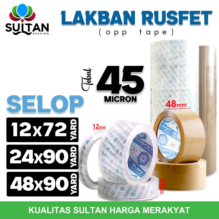 

Lakban isolasi Solatip OPP Tape RUSFET Plakban Varian PREMIUM / SELOP