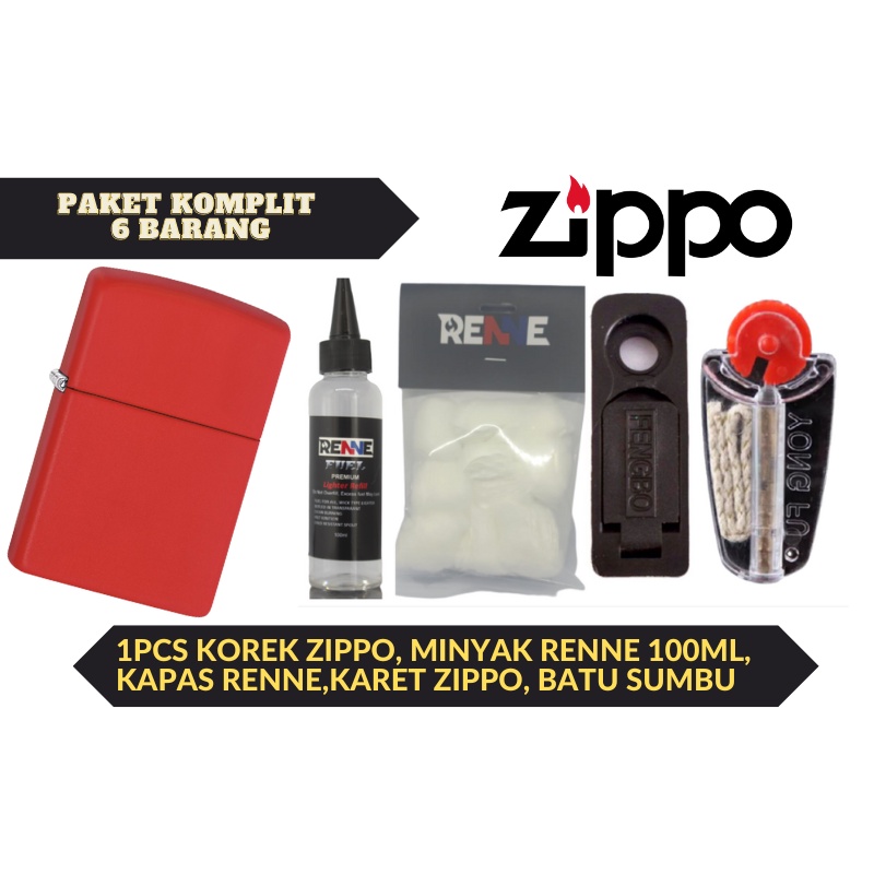 Paket Lengkap Korek Zippo Merah Dopp Tanpa Logo plus minyak kapas batu sumbu karet tutup zippo