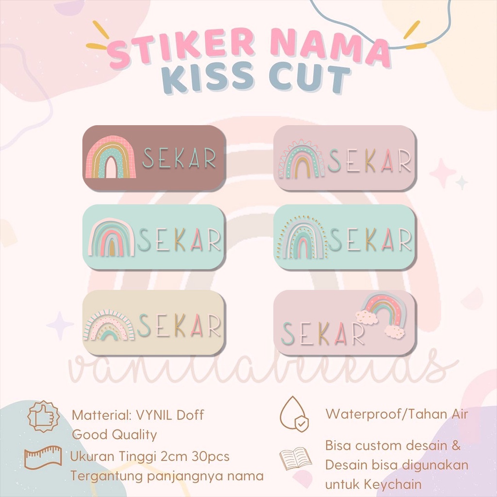 

Stiker Kiss Cut RAINBOW Label Nama Waterproof Tahan Air