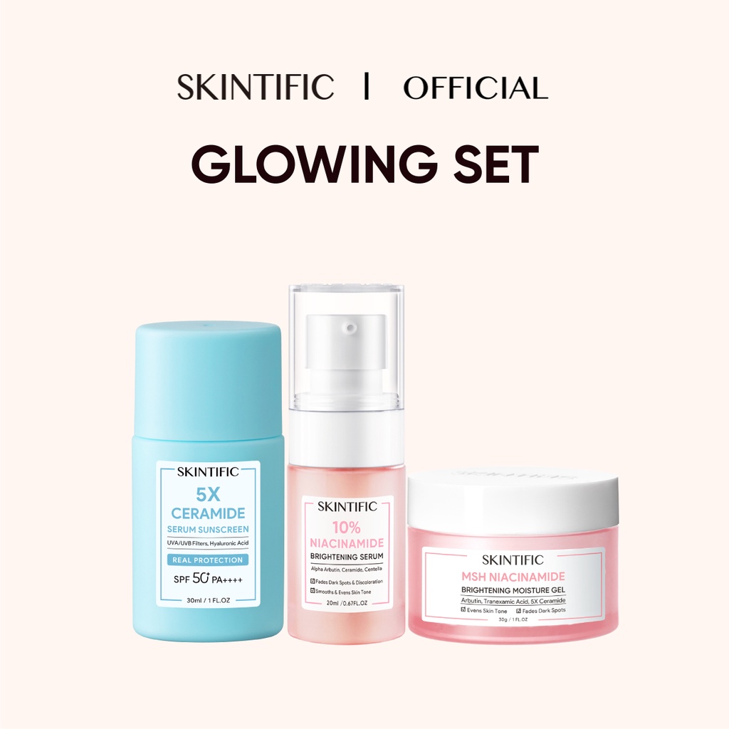SKINTIFIC 3pcs with Sunscreen - Paket Skincare MSH Niacinamide Moisturizer + Serum Sunscreen + Brightening Serum / Anti Acne Serum / Barrier Repair Serum / Hydrating Serum