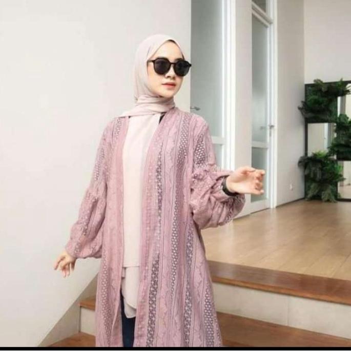 Baru - PROMO Long Outer Panjang Kardygan Lace Brukat Lengan Balon | Cardigan Baju Wanita Muslimah | 