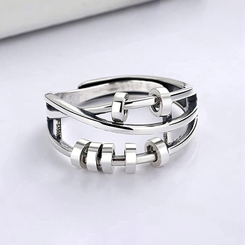 Adjustable Anxiety Ring Silver Relieve Fidget Spinner Worry Beads Meditasi
