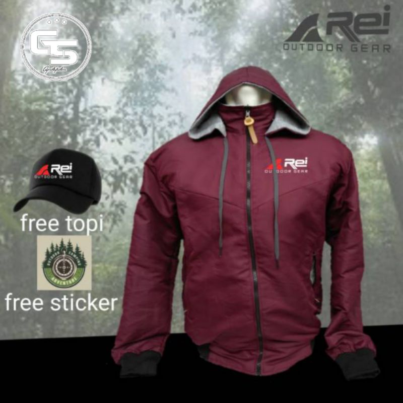jaket parasut Rei gunung outdoor+free topi & stiker waterproof sablon glosy