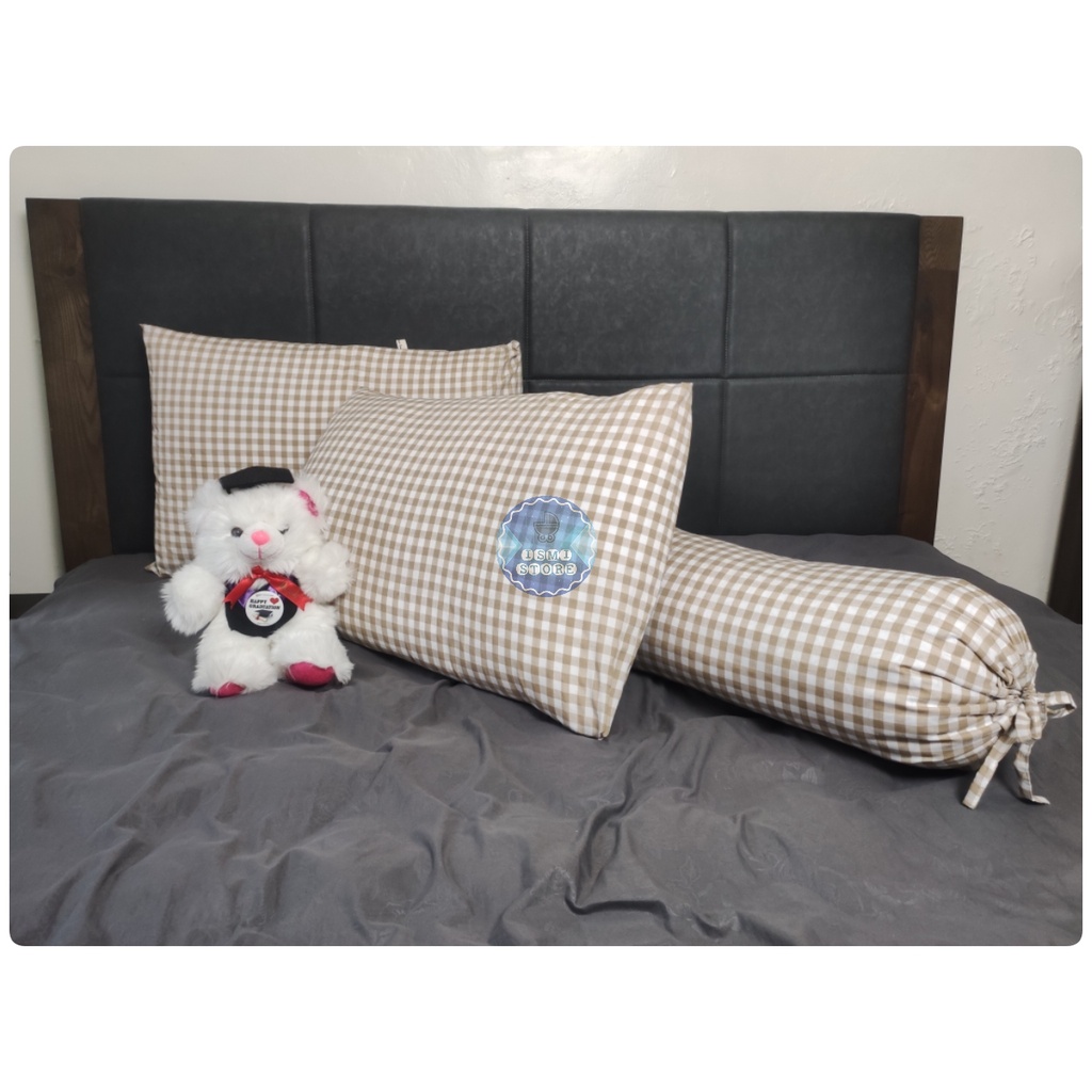 Sarung BANTAL dan GULING TIDUR Polos Estetik Kekinian Motik Kotak-Kotak Ala Korea Bahan Katun Halus dari Ismi Store