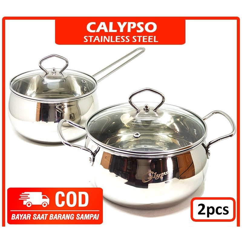Termurah  Calypso Panci Set 2 Pcs 16cm 18cm Panci Tutup Kaca Stainless Steel