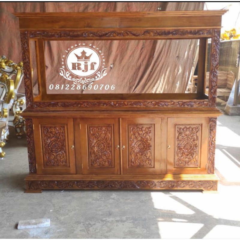 meja aquarium jati 200×60×160 aquarium jati ukir minimalis