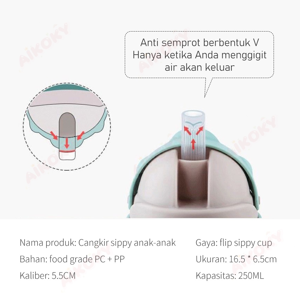 AIKOKY Botol Minum Anak Bayi Training Cup Sedotan Anti Tumpah dan Anti Pecah Baby Sippy Cup 250ML