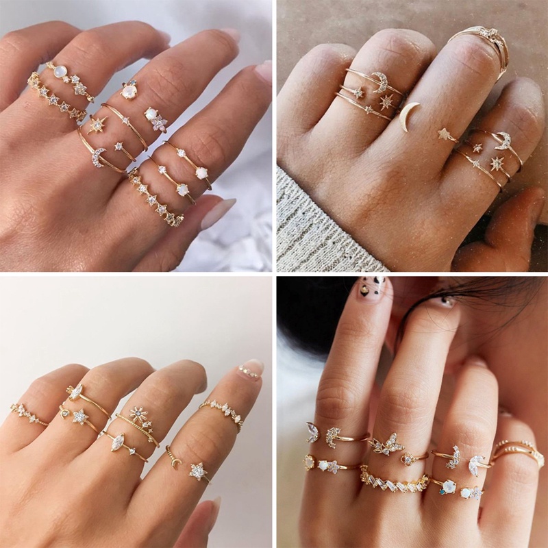 1set Bohemian Cincin Bersama Terbuka Berlian Diamond Bunga Kristal Ring