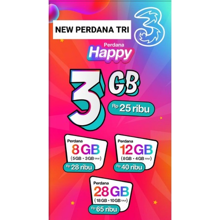 NEW KARTU PERDANA TRI 3GB,8GB,12GB,28GB FULL KUOTA NASIONAL DAN KUOTA ZONA LOKAL