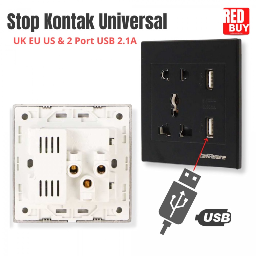 Stop Kontak USB Charger 2 Port Universal Taffware Wall Socket UK EU US