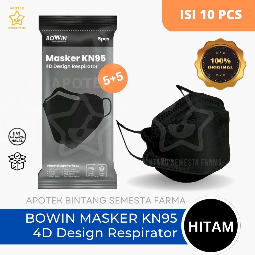Masker BOWIN KN95 Respirator 4D Design Warna Hitam Black