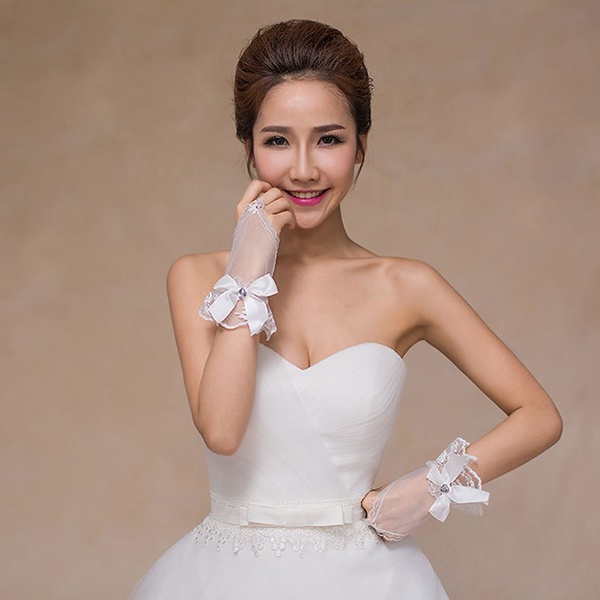 sarung tangan pengantin renda white lace bow wedding gloves jha011(4d4)