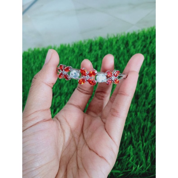 gelang tangan bangle batu oranye &amp; putih/perak asli silver 925 lapis emas/perhiasan fashion wanita terbaru