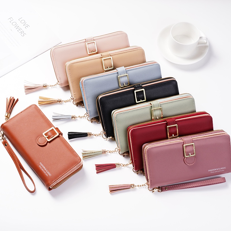 Dompet Panjang Lipat Zipper Multifungsi Korea Style Dompet Fashion Cewek Resleting Klip Women Wallet PU Satu7an D88