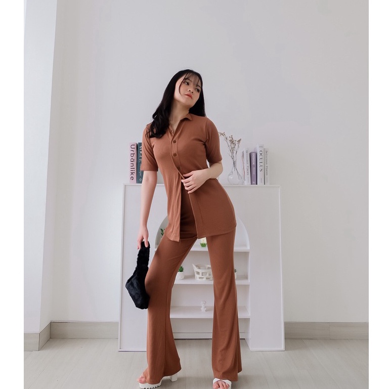 MOUISELLE Orla One Set | Knit Set Wanita - Korean knit set with cutbray pants