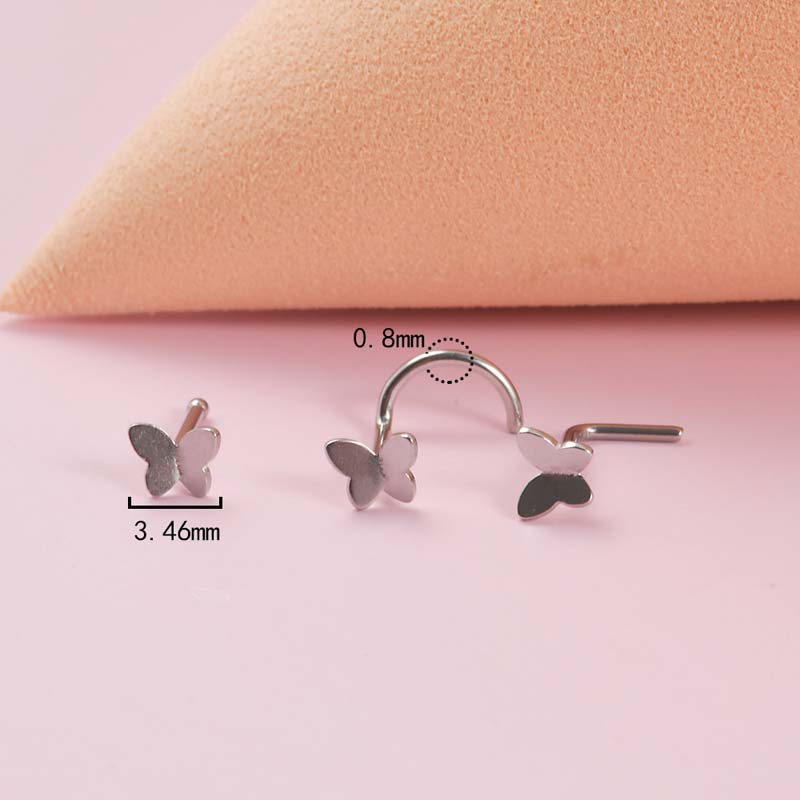 1biji Stud Hidung Bentuk Kupu-Kupu 20Gauge Piercing Stainless Steel Warna Silver Stud Bentuk L