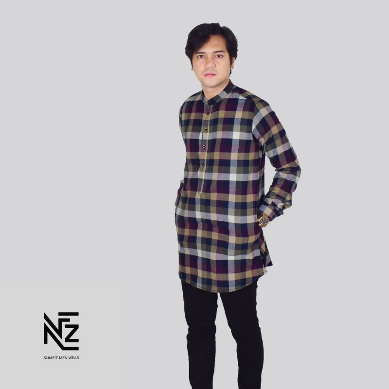 Baju koko Shanghai Flanel Pria Lengan Panjang Slimfit Kurta Pakistan