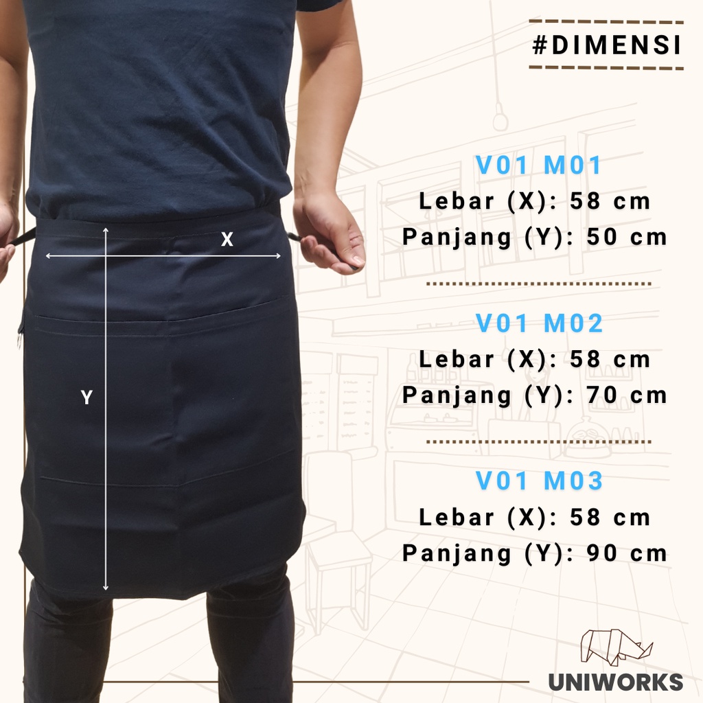 UNIWORKS Apron Pendek Seri V01 Bahan American Drill Original 6 Warna 3 Ukuran Panjang