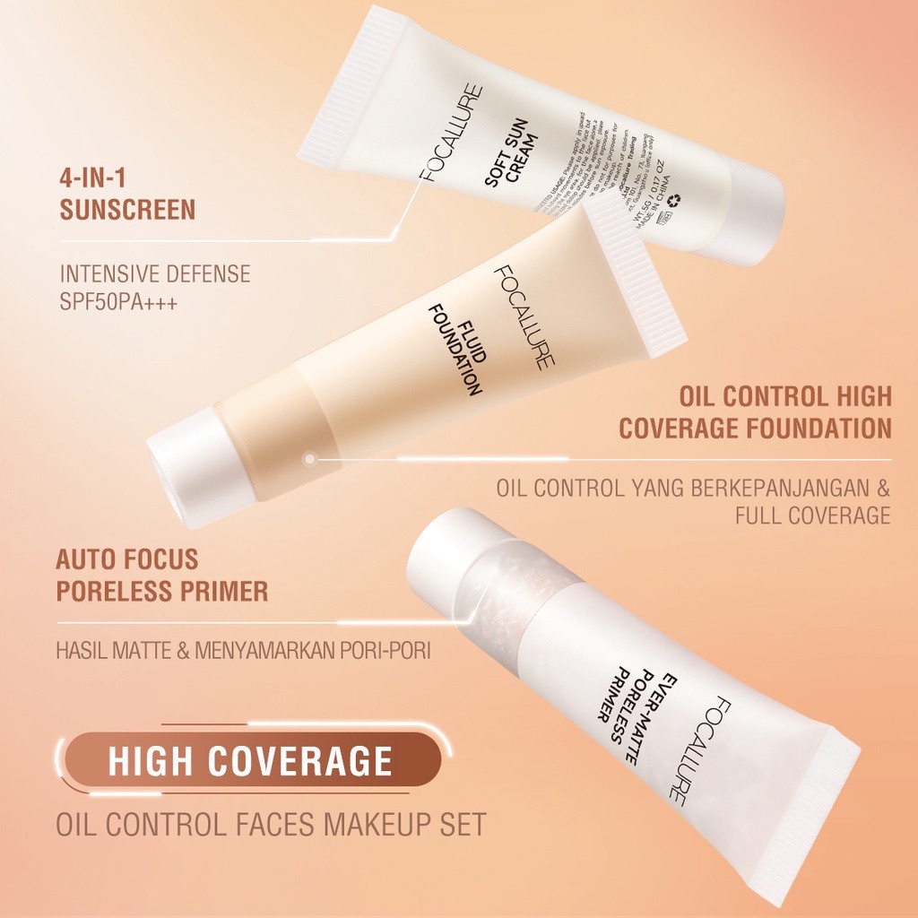 RAFEYLA - FOCALLURE 3pcs Face Beauty Set Include Foundation Sunscreen Sun Cream Primer Oil Control Travel Size Flawless Facial Makeup Kit Waterproof