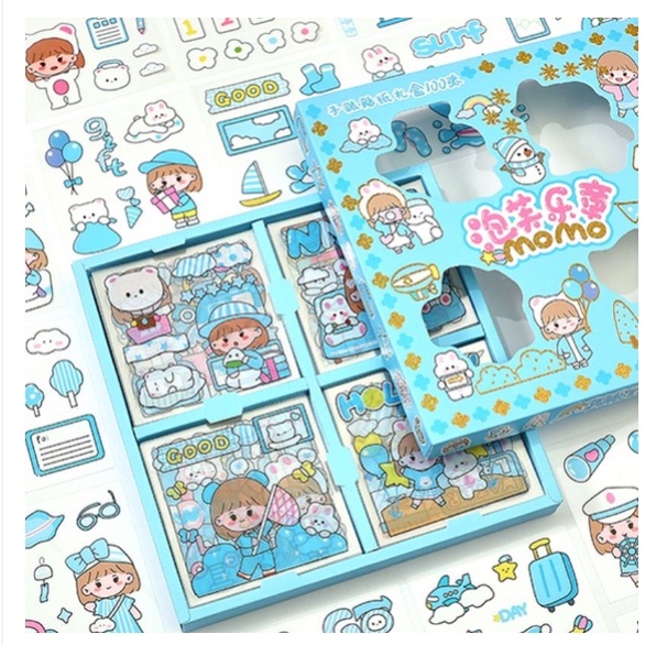 STICKER MOMO WATERPROOF ISI 100 LEMBAR PER BOX-BIRU BOX BESAR 100PC