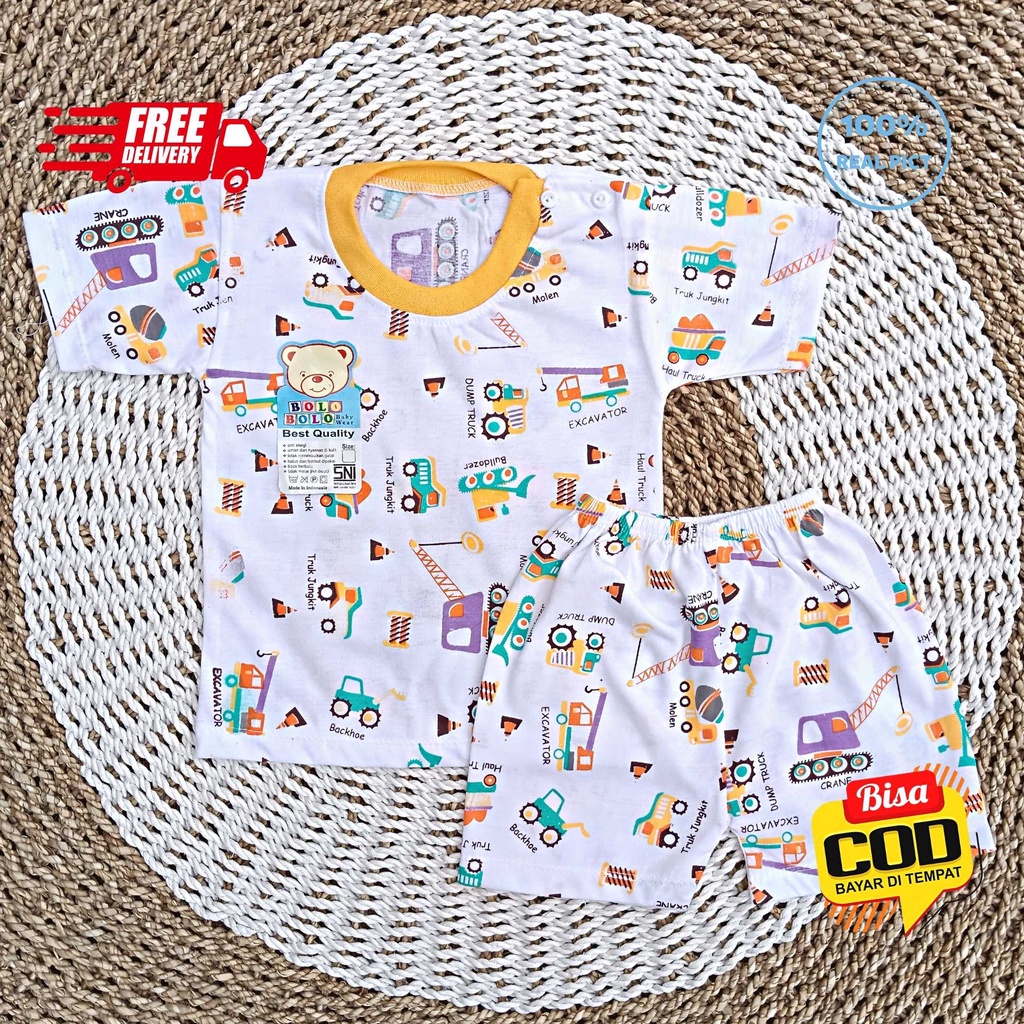 Setelan Baju Bayi Pendek 3 - 12 Bulan merk SNI BOLO - BOLO motif BIG EXCAVATOR BULLDOZER TRUCK