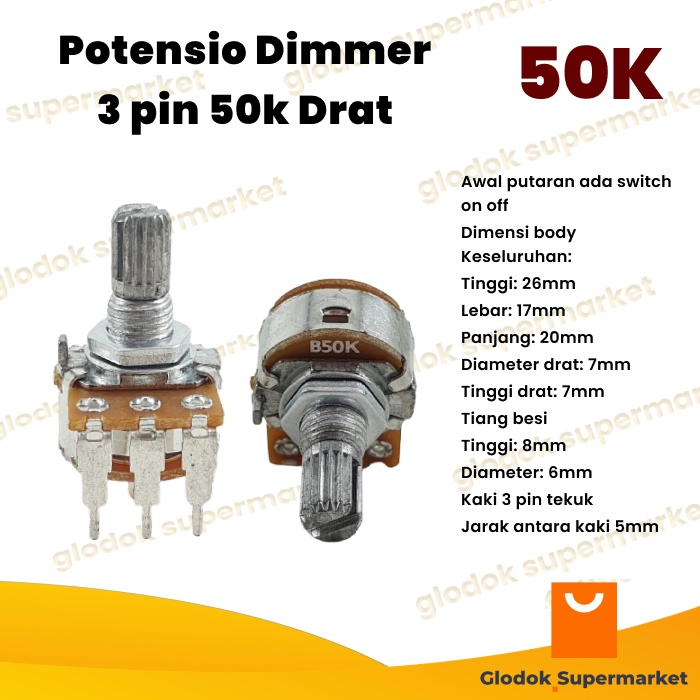 Potensio Dimmer 3 pin 50k Drat Mono Kaki 3 Tekuk Dimer On Off Tiang Besi 503