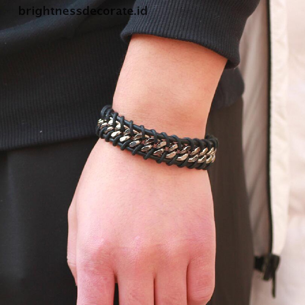 [Birth] Vintage Punk Gelang Kulit Bangle Pria Pergelangan Tangan Dikepang Cuff Perhiasan Hadiah [ID]