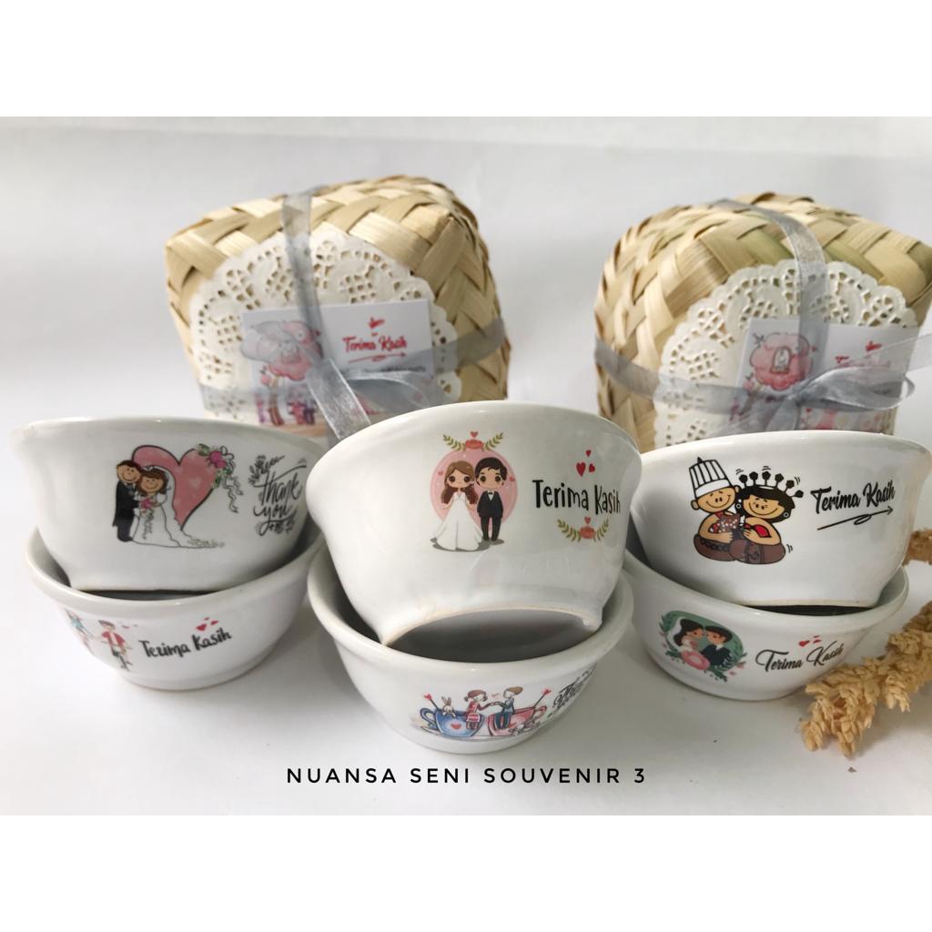 Souvenir Pernikahan Mangkok Two Tone Keramik Kecil Mangkok Sambal Motif Penganten Mangkuk Two Tone