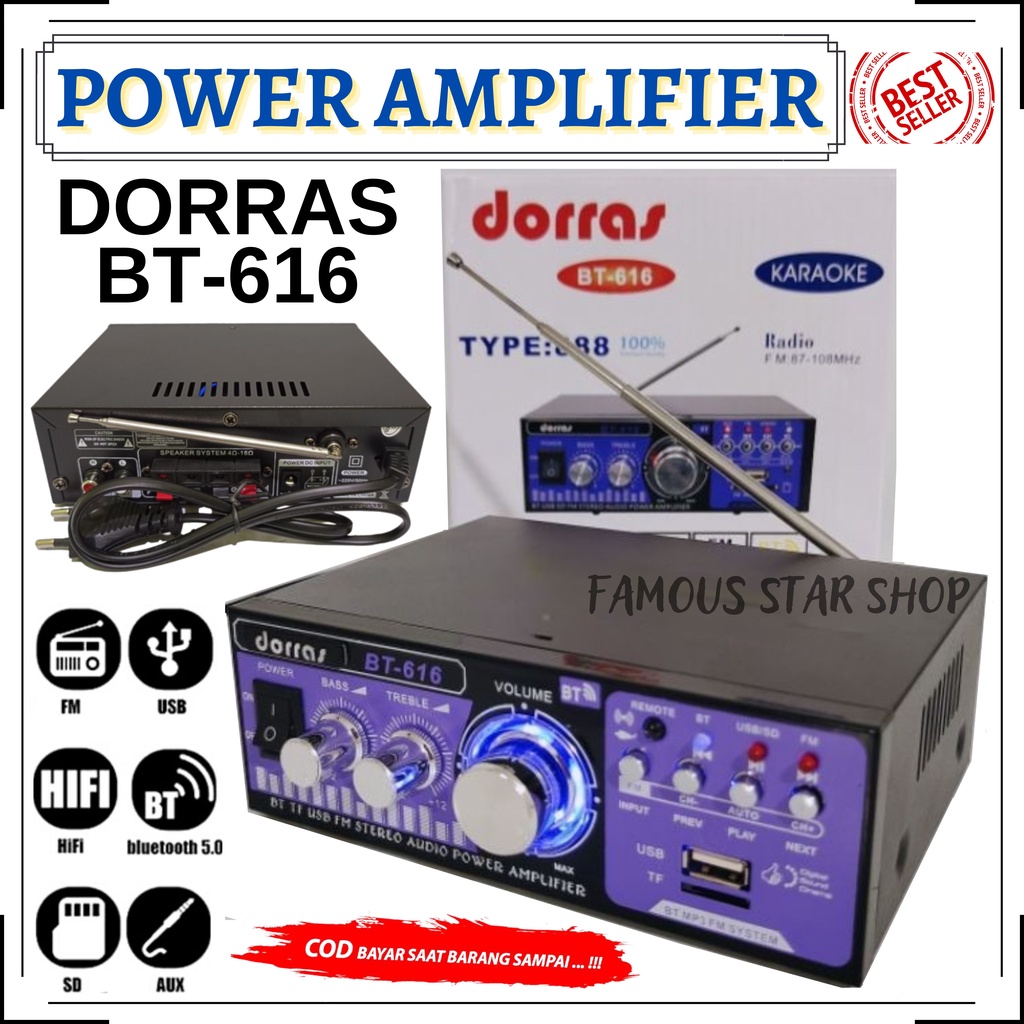 Ampli DORRAS BT-616 Power Amplifier AC DC Bluetooth USB FM SD Mp3 | DORRAS Amplifier Mini Bluetooth BT-616 Stereo Karaoke | amplifer mini/amplifer bluetooth | Amplifier AC DC Bluetooth USB FM SD Mp3 DORRAS BT 616 | FMS