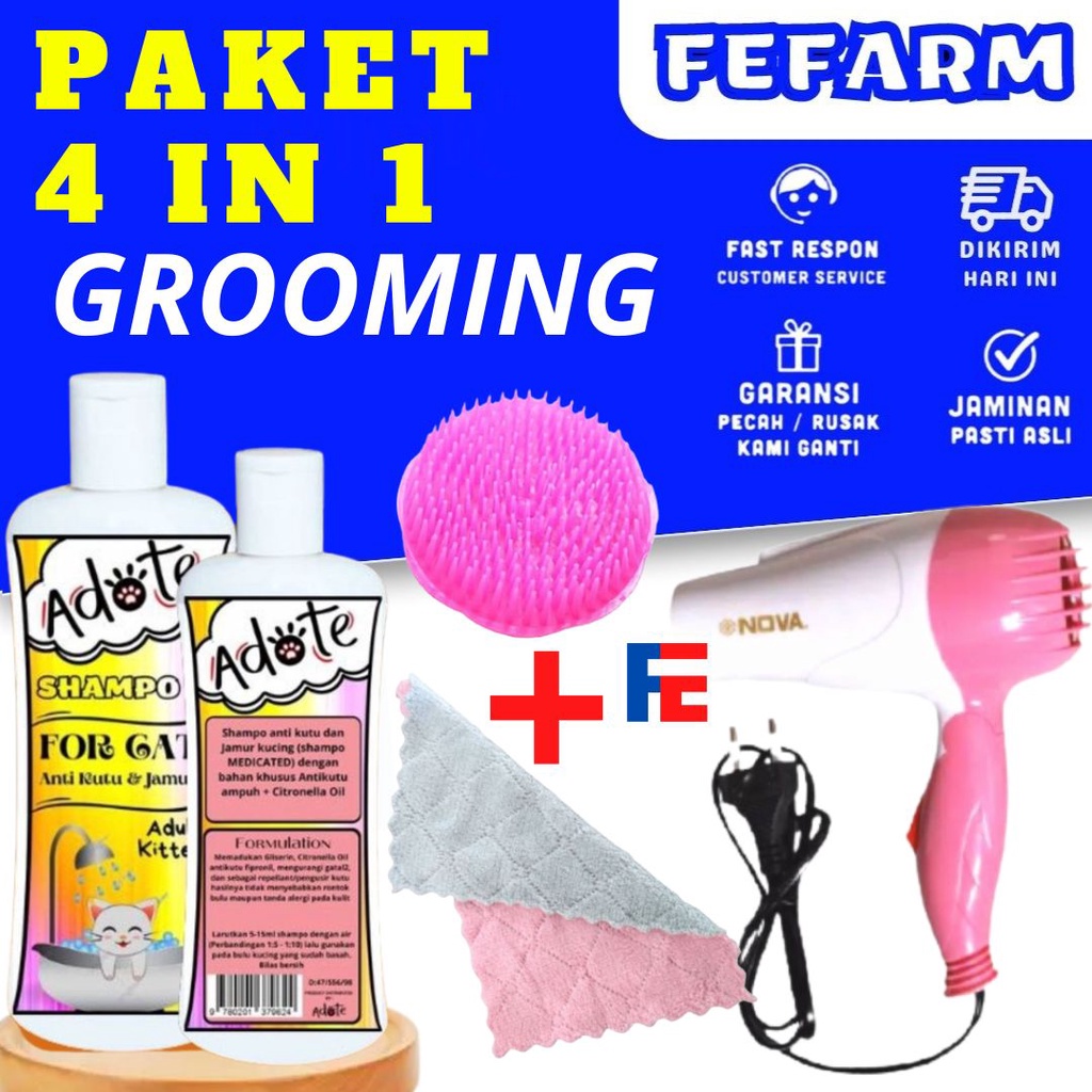 PAKET GROOMING MANDI CATS KUCING 4 IN 1 HANDUK+SHAMPO ADOTE+SISIR+HAIRDRYER FEFARM