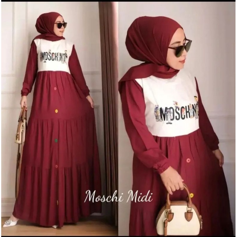 Baju Gamis CREPE Sablon Wanita MOSCHINO Dewasa Terbaru