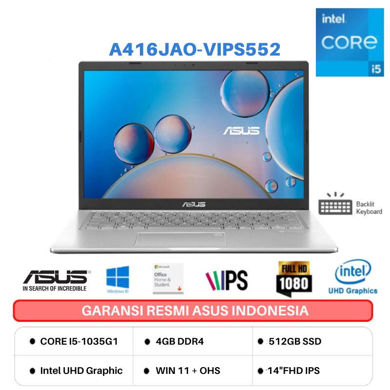 Asus VivoBook 14 A416JAO-VIPS552 14"FHD (Core i5-1035G1/4GB/512GB SSD/Intel UHD/Win 11+OHS 2021) - T