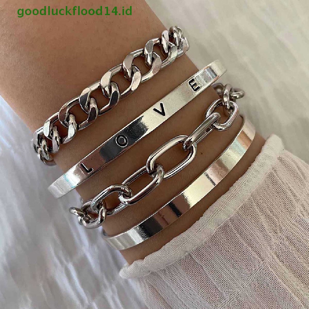 [GOOGFOUR] 4pcs/set Wanita Fashion Punk Hip Hop Rantai Bangles Gelang Perhiasan Aksesoris [TOP]