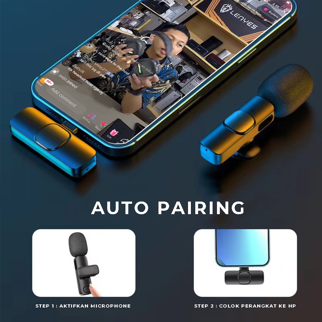 Mic Clip On Wireless Hp Mini Portable Mikrofon Nirkabel Alat Perekam Audio Microfon Vlogger For Type C Lightning  | GROSIRXPRESS