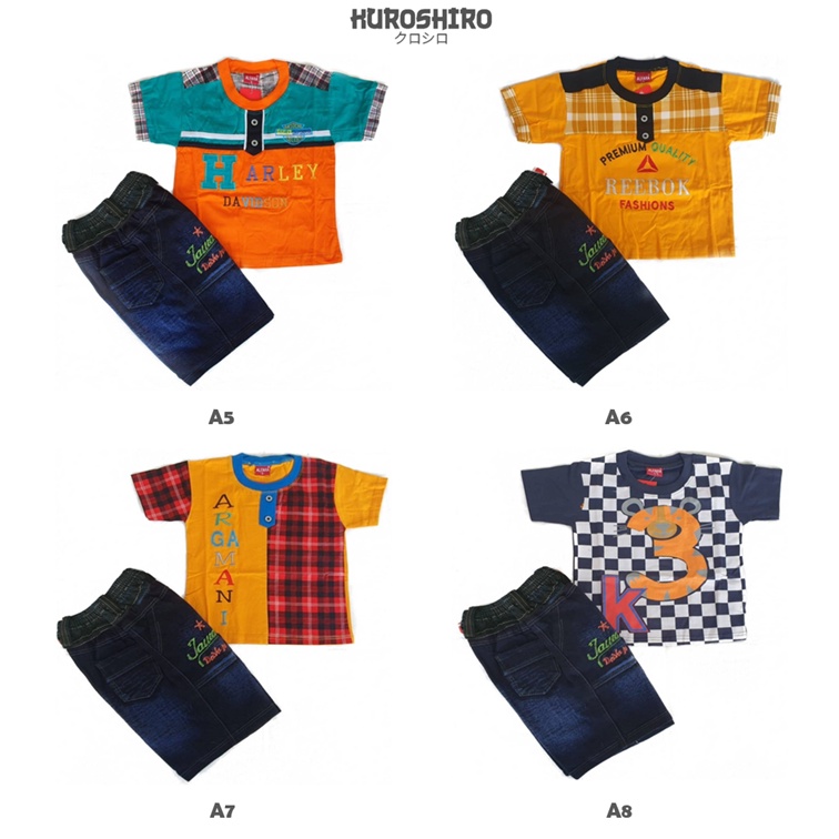 KUROSHIRO - Setelan Baju Anak Laki Laki 1-9 Tahun Jeans Pendek Kaos Kuroshiro
