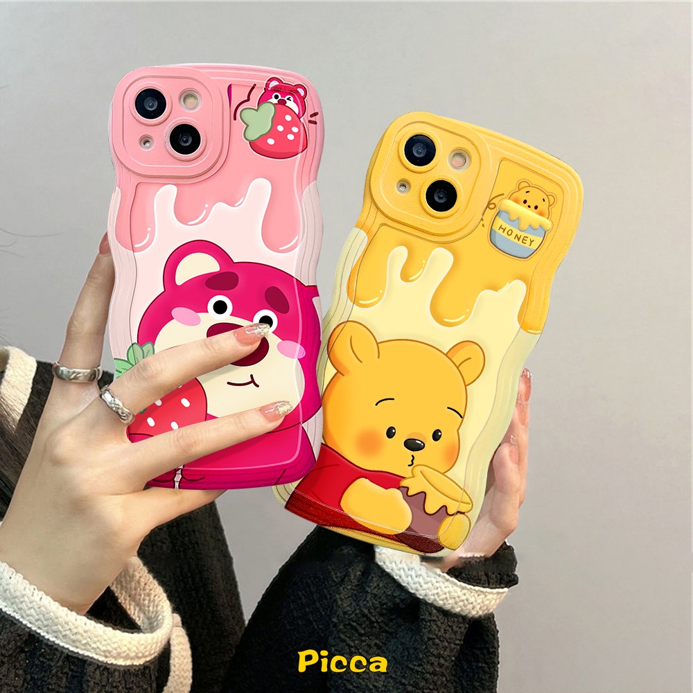 Casing Redmi Note11 10 9 8 10Pro 10s 9Pro Note 11Pro+9s 11s 10C A1 9 10A A1+9T 10 9A 9C POCO X3 NFC Pro M3 Mi 11T Pro Kartun Winnie the Pooh Strawberry Bear Wavy Edge Sarung