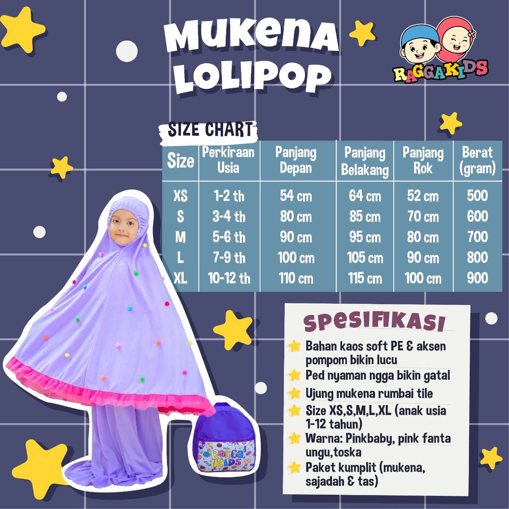 Mukena Anak Mukena Bayi Branded Nyaman Lucu Rukuh Pompom Raggakids Gratis Tas Sajadah 1-12 tahun