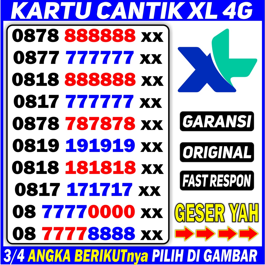 Kartu Perdana Nomor Cantik XL KODE 1000 - Nomor Cantik XL 4g - Nomer Cantik XL 7777 8888 - No XL Can
